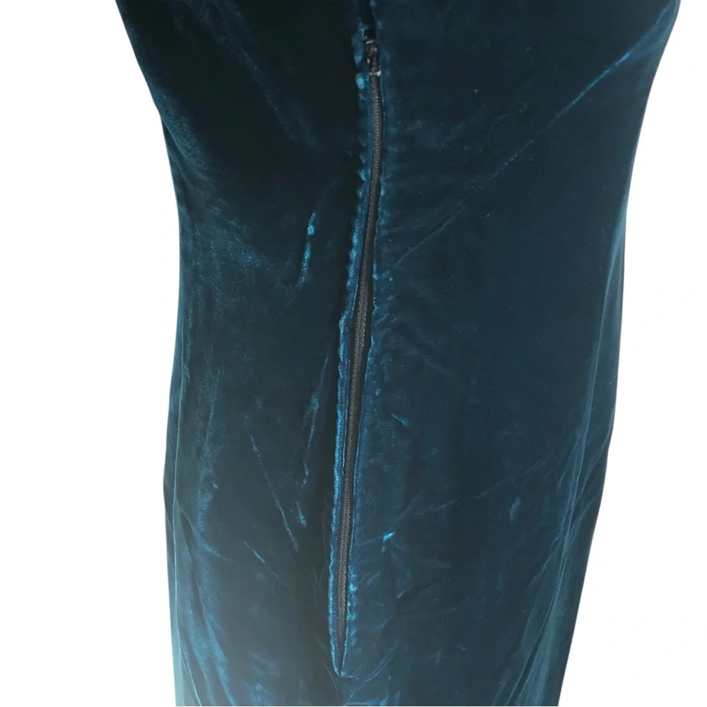 VINTAGE 90s Y2K Handmade Teal Velvet Mandarin Collar Sleeveless Mini Dress Small